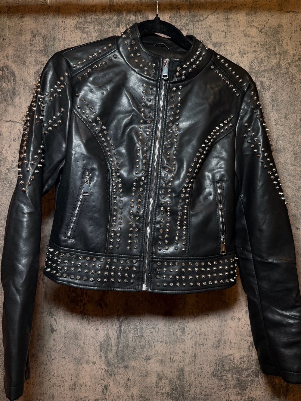 Studded Black Leather Jacket - Women's Biker Coat